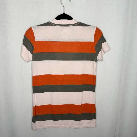 FOSSIL / pink orange gray striped deep v-neck tee / S - Picture 2 of 5